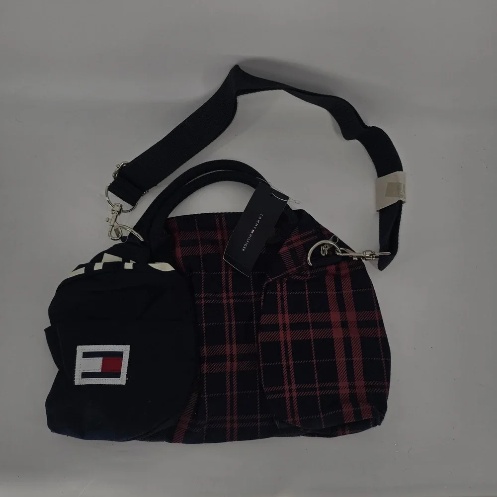 Tommy Hilfiger Mini Duffle Bag Navy Red Plaid Canvas Logo M86913589 467 NWT